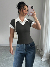 VINTAGE COLOR BLOCK POLO COLLAR FORM-FITTING T-SHIRT